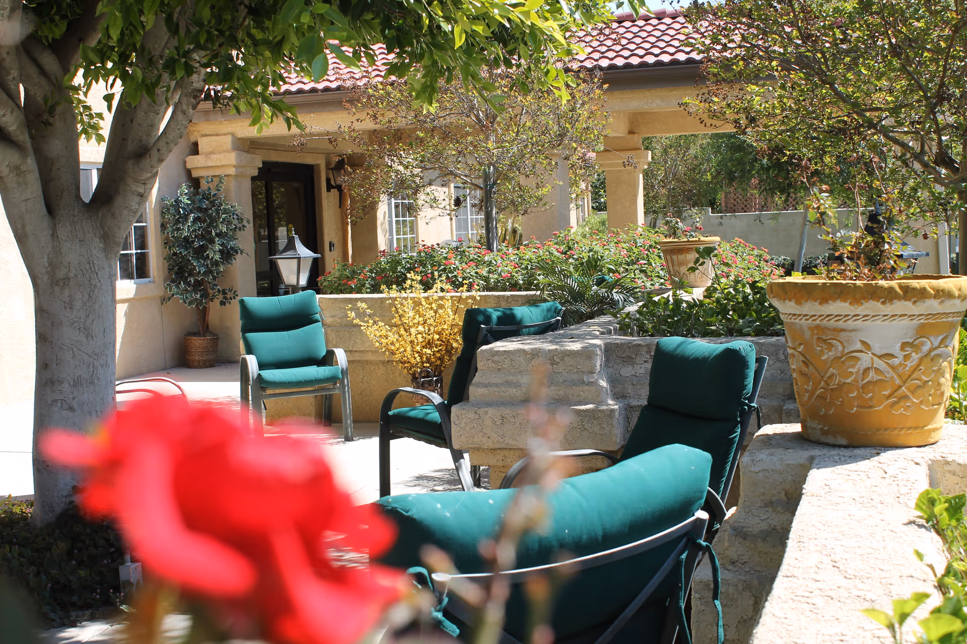 Outdoor seating area with green cushioned chairs surrounded by stone walls, potted plants, trees, and flowering bushes in front of a building with a tiled roof.