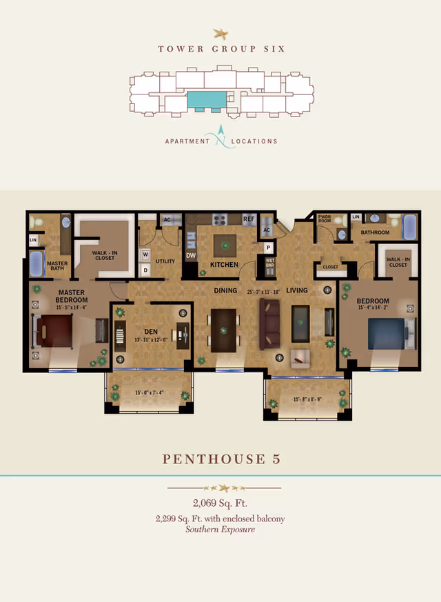 Illustrated floor plan of Penthouse 5 showing labeled rooms—master bedroom with bath and walk-in closet, second bedroom, den, kitchen, dining and living areas, balconies and utility spaces.