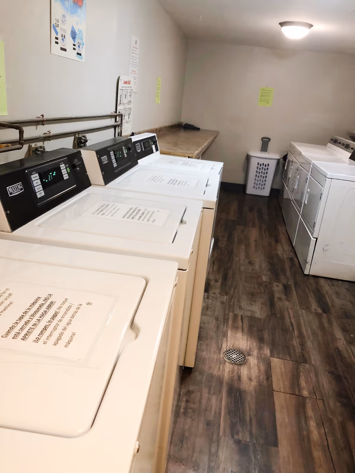 Laundry room with several white washing machines and dryers lined up along the walls, a laundry basket, and a countertop for folding clothes. The room has wood-patterned flooring and a ceiling light.