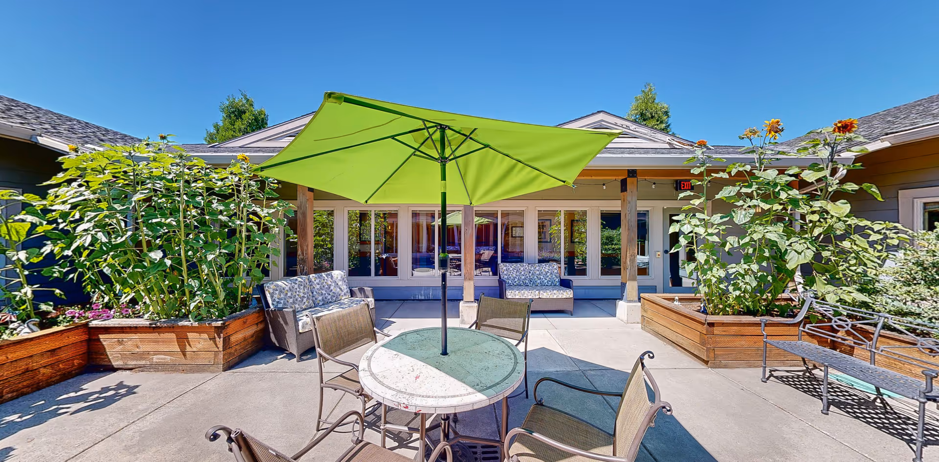 Outdoor patio area with a round table and four chairs under a large green umbrella. There are two cushioned wicker sofas against the building wall, large wooden planters with tall sunflowers, and a metal bench on the right side. The sky is clear and blue.
