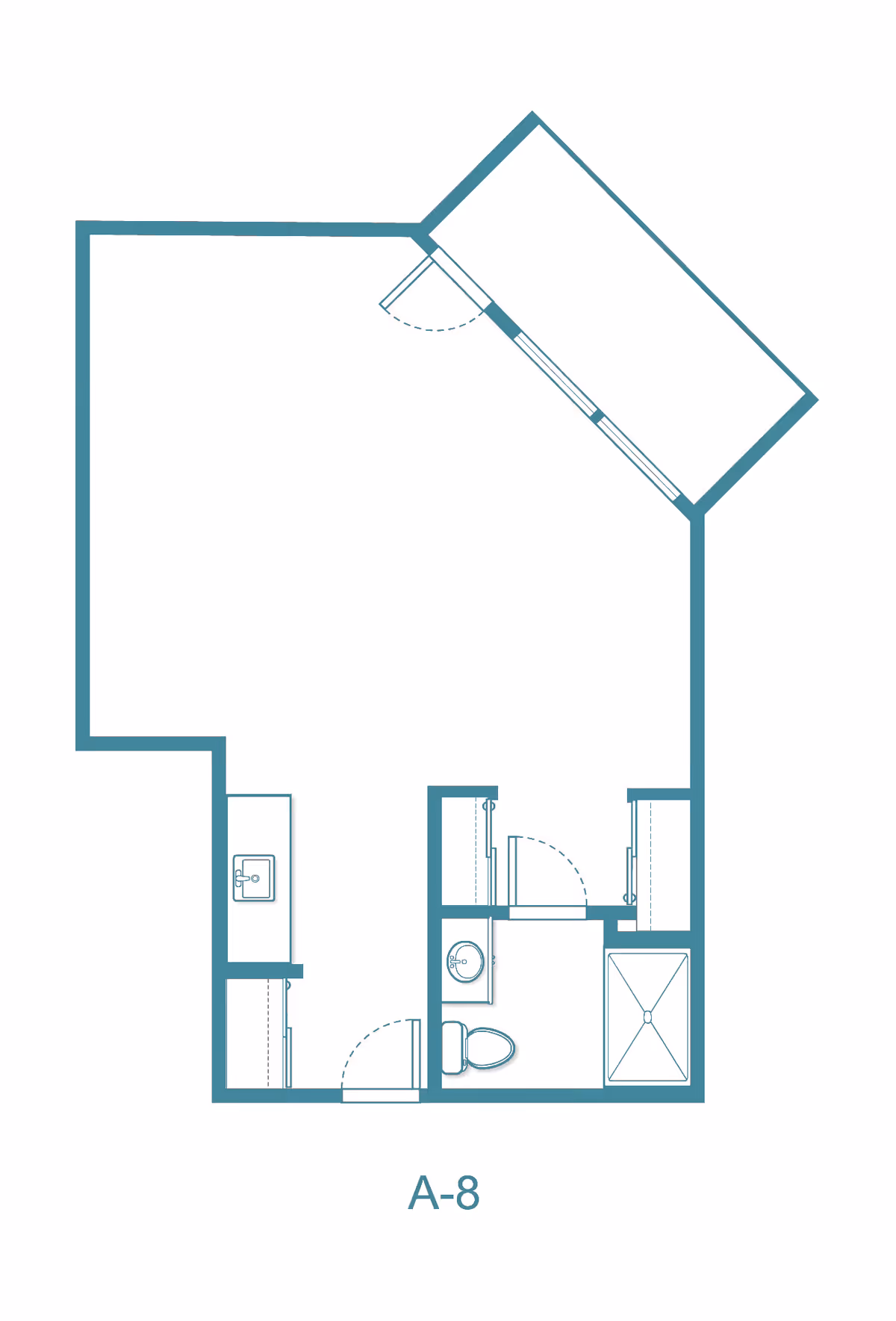 Architectural floor plan labeled A-8 showing a layout with a bathroom including a toilet, sink, and shower, a kitchen area with a sink, and an open living space with an angled wall and a door leading to a balcony or outdoor area.