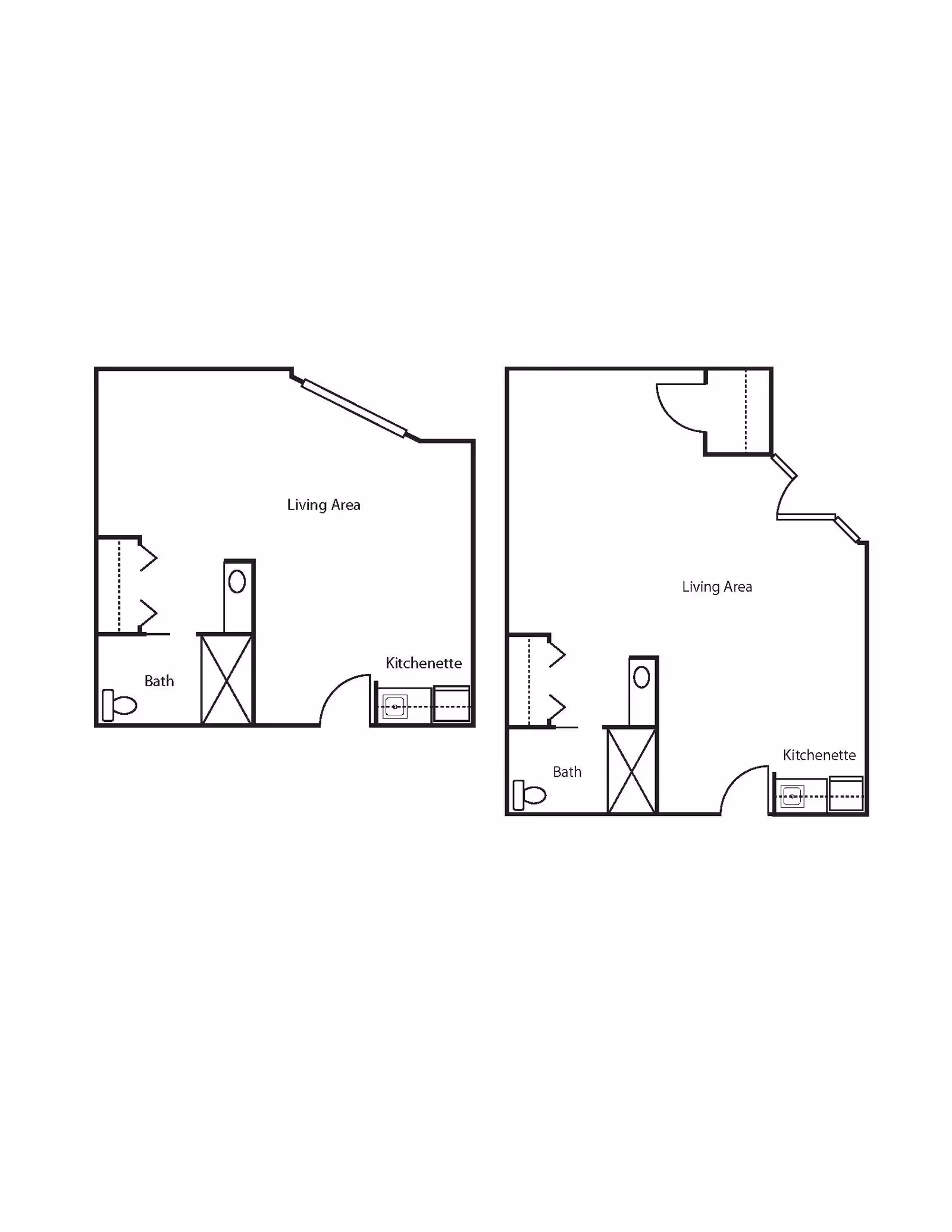 Architectural floor plan showing two layouts each with a living area, bath, and kitchenette.
