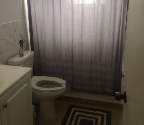 Compact bathroom with toilet, sink, gray shower curtain, and geometric rug.