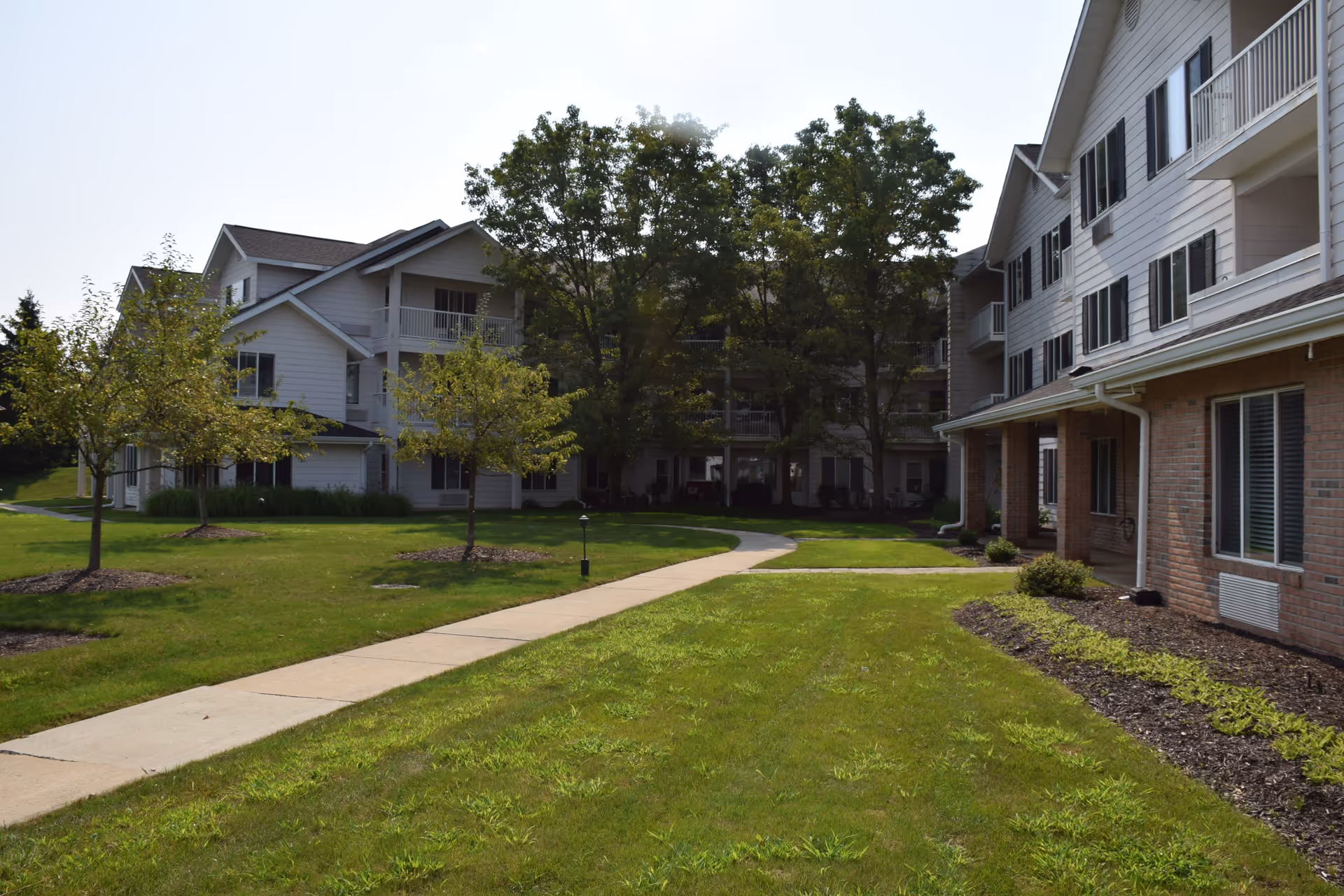 Outdoor view of a senior living facility with a paved walkway, green lawn, small trees, and multi-story residential buildings with balconies and windows.