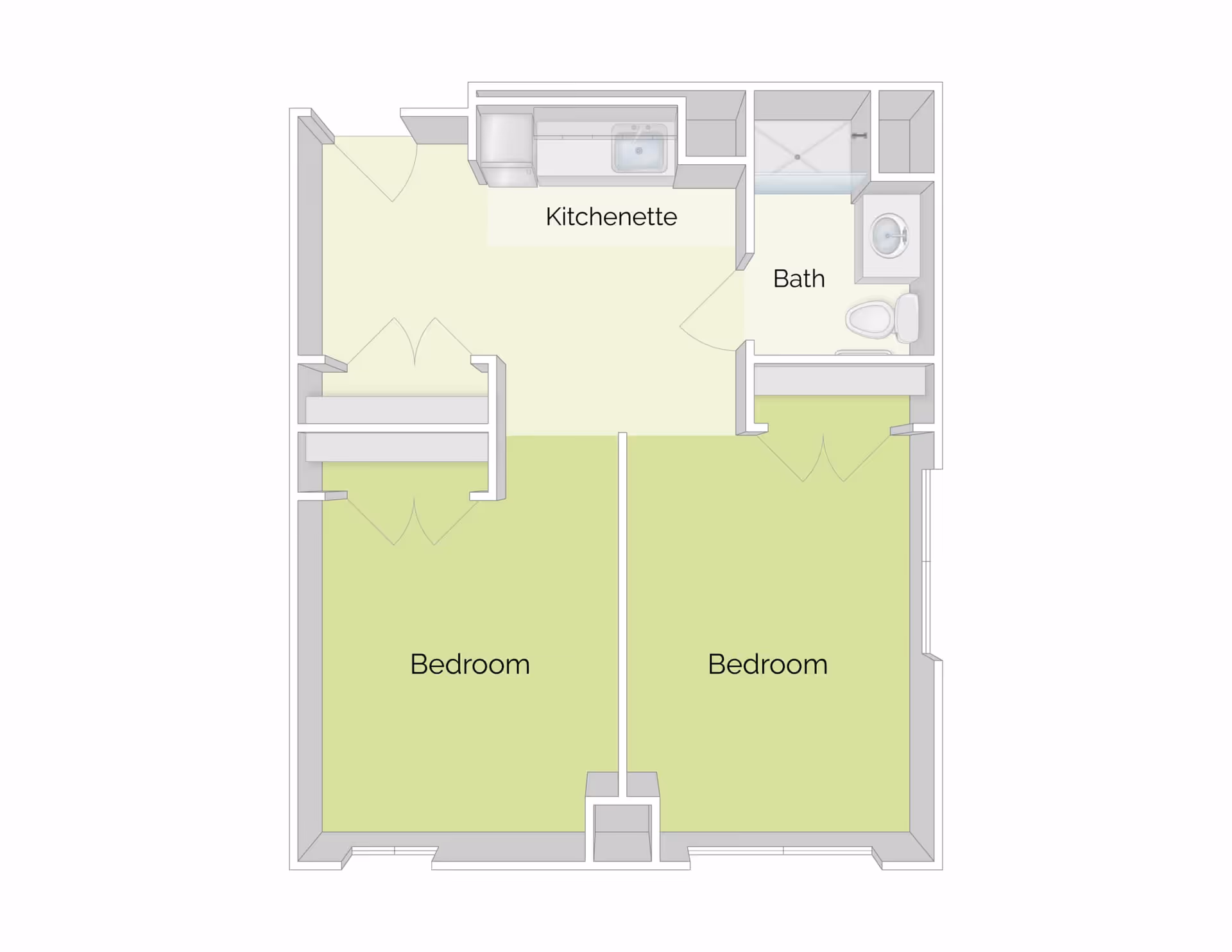 Floor plan layout showing two bedrooms, a kitchenette, and a bathroom with a shower, sink, and toilet.