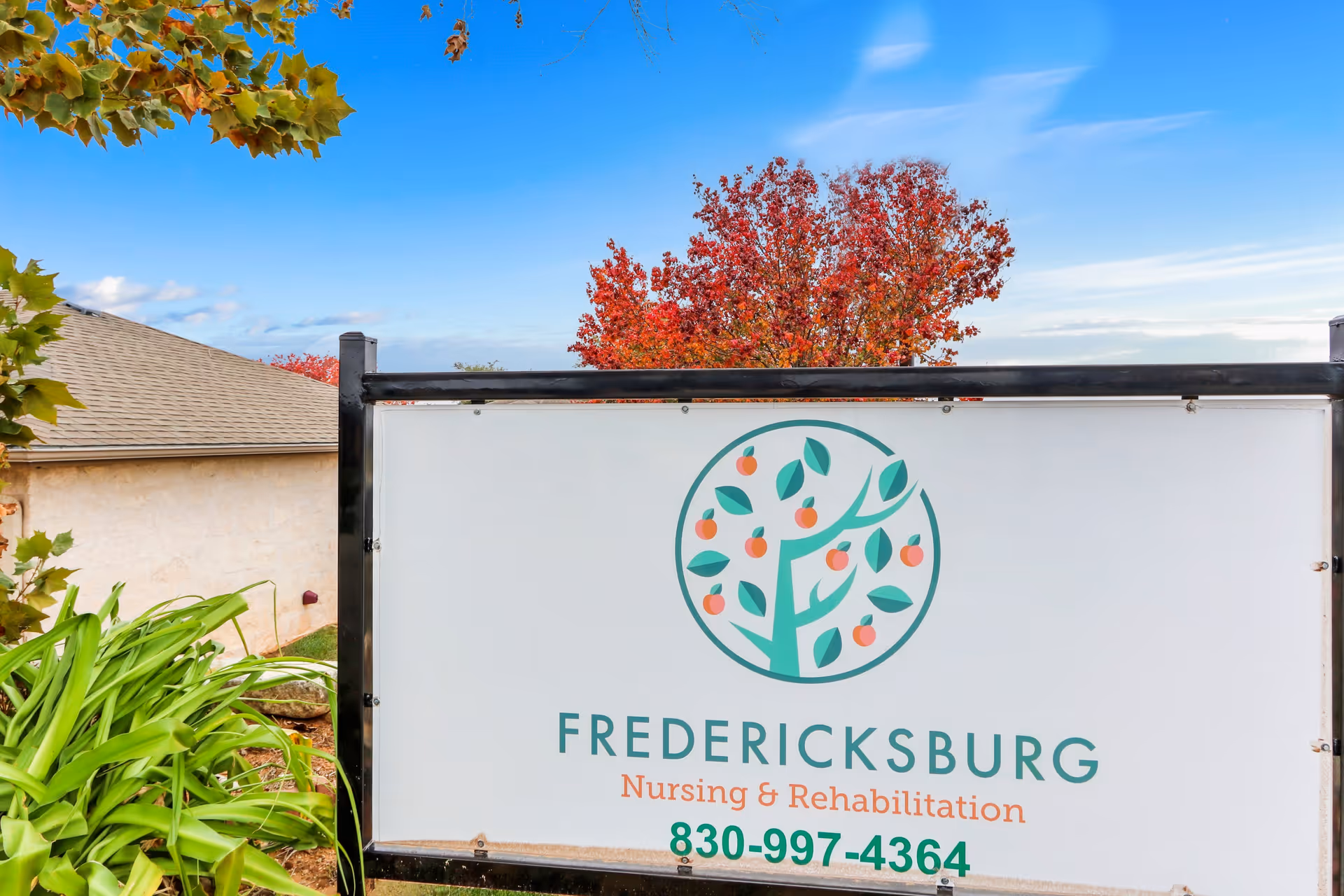 Outdoor sign reading Fredericksburg Nursing & Rehabilitation with a logo and phone number, set in front of a building and autumn trees.