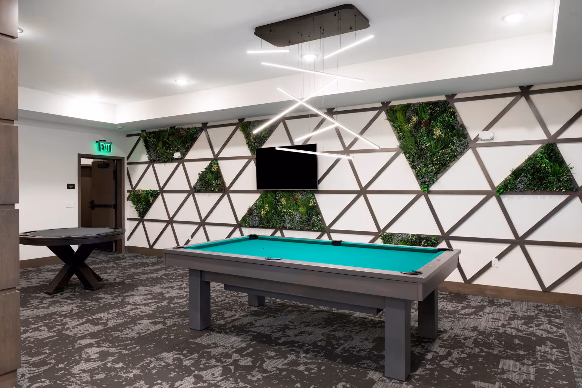 Modern game room with a pool table, geometric plant-accent wall, mounted TV, and contemporary pendant lighting.