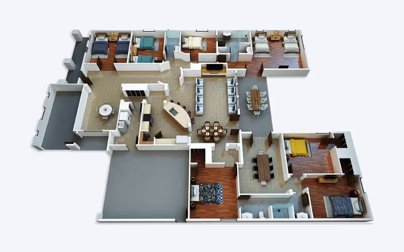 3D rendered floor plan showing multiple bedrooms, bathrooms, dining areas and common living spaces in a senior living facility.
