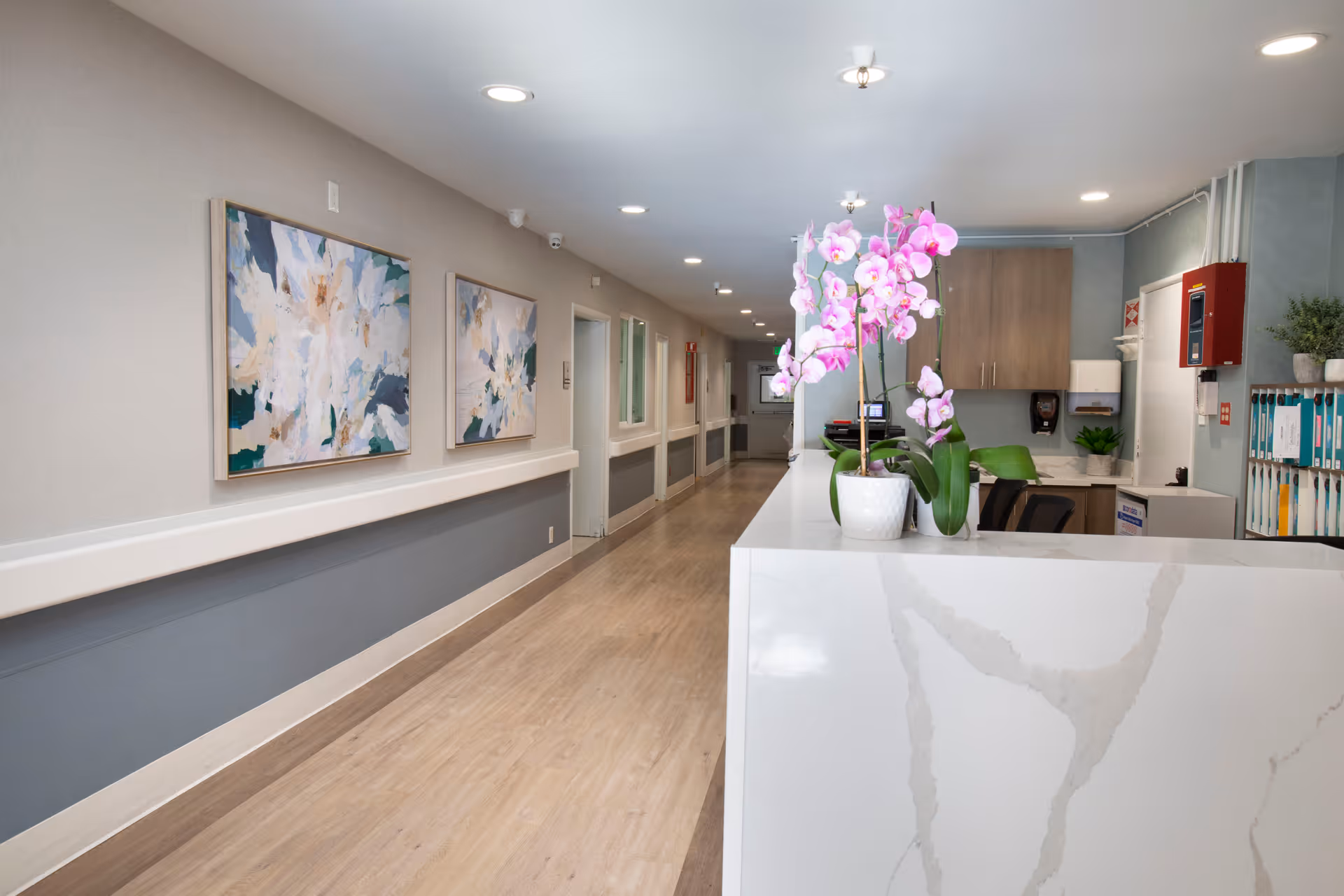 A bright reception desk with potted pink orchids beside a long, art-lined hallway inside a senior living facility.