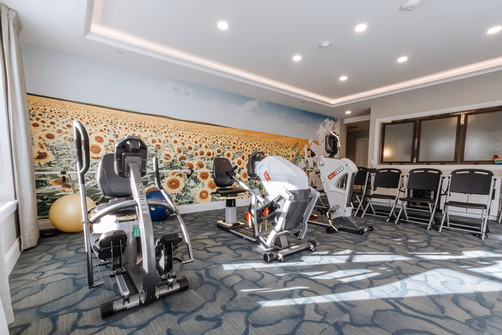A bright exercise room with three stationary exercise bikes positioned on a patterned carpet. The back wall features a large mural of a sunflower field under a blue sky. There are several black folding chairs lined up against the right wall beneath a set of windows with frosted glass. The ceiling has recessed lighting and a modern tray design.