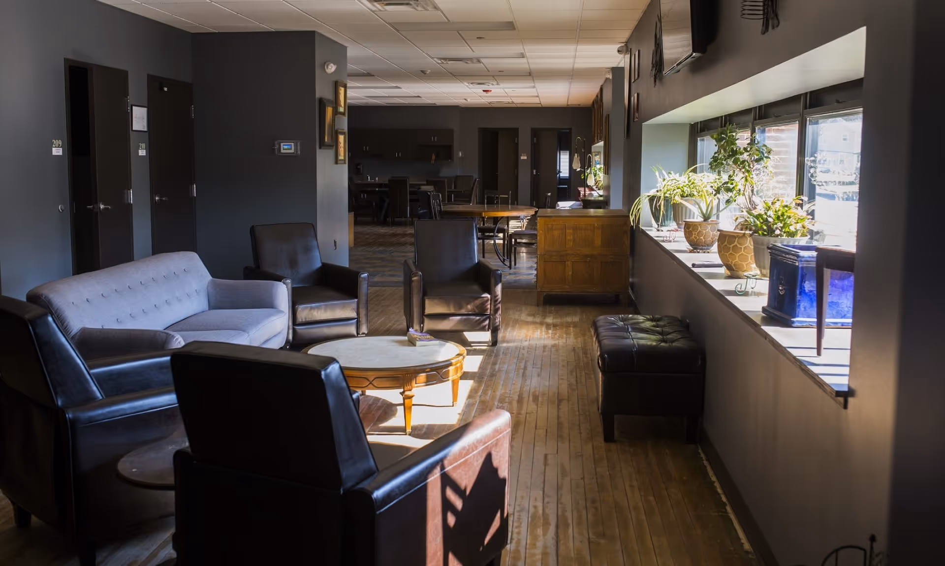 A well-lit common area with several black leather armchairs and a gray sofa arranged around a round wooden coffee table. There is a window ledge on the right side with multiple potted plants and decorative items. The room has wooden flooring and dark walls with doors labeled 209 and 210 visible on the left side. In the background, there are more tables and chairs, suggesting a communal space.