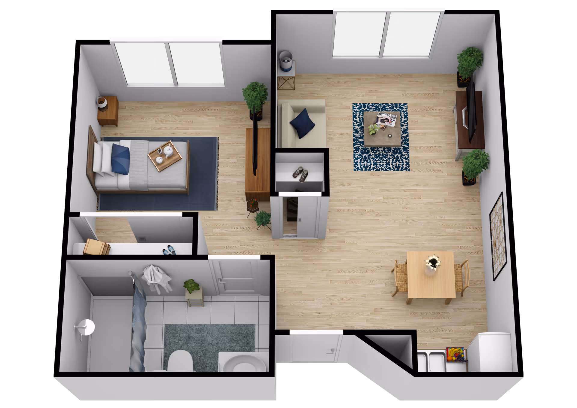 3D floor plan of a senior living apartment showing a bedroom with a bed and nightstand, a bathroom with a shower, toilet, and sink, and a combined living and dining area with a sofa, coffee table, TV, dining table with chairs, and some plants.