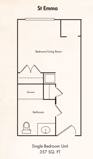 Floor plan of 'St Emma' single bedroom 357 sq. ft. unit showing a combined bedroom/living room, bathroom with shower, sink and toilet, closets, and entry.