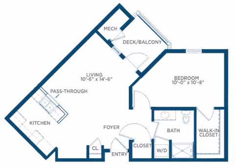 Floor plan of a one-bedroom apartment at Somerby Mobile showing a kitchen with pass-through, living area, bedroom with walk-in closet, bathroom, foyer with closets, washer/dryer area, mechanical room, and a deck/balcony.