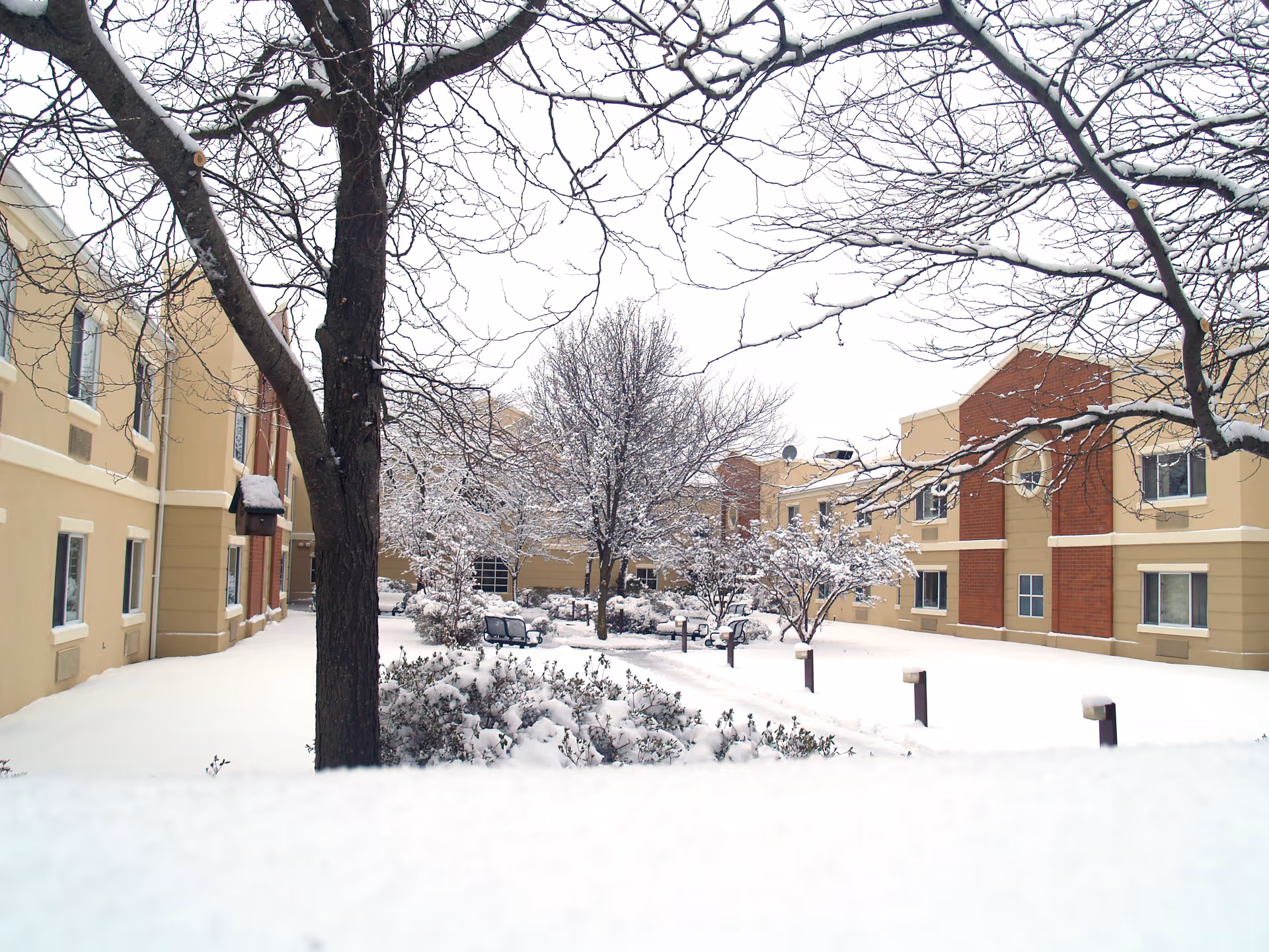 Snow-covered courtyard of a senior living facility with leafless trees, bushes, and benches surrounded by beige and red brick buildings under an overcast sky.