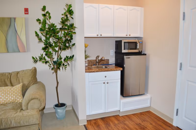 A kitchenette featuring white cabinets, a small sink, microwave, and refrigerator, alongside a cozy sofa with decorative pillows and a potted plant.