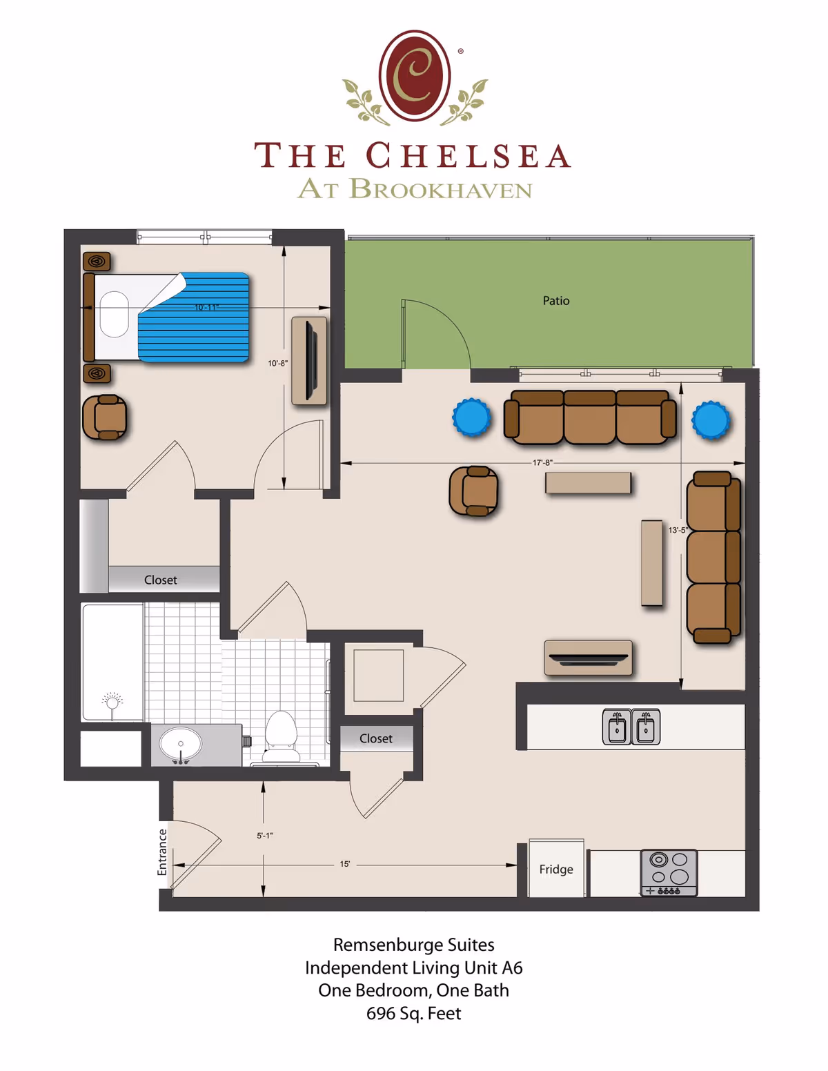 Floor plan of The Chelsea at Brookhaven Remsenburge Suites Independent Living Unit A6, showing one bedroom, one bathroom, living room, kitchen, closets, and a patio. The layout includes furniture placement such as a bed, sofa, chairs, tables, and kitchen appliances.