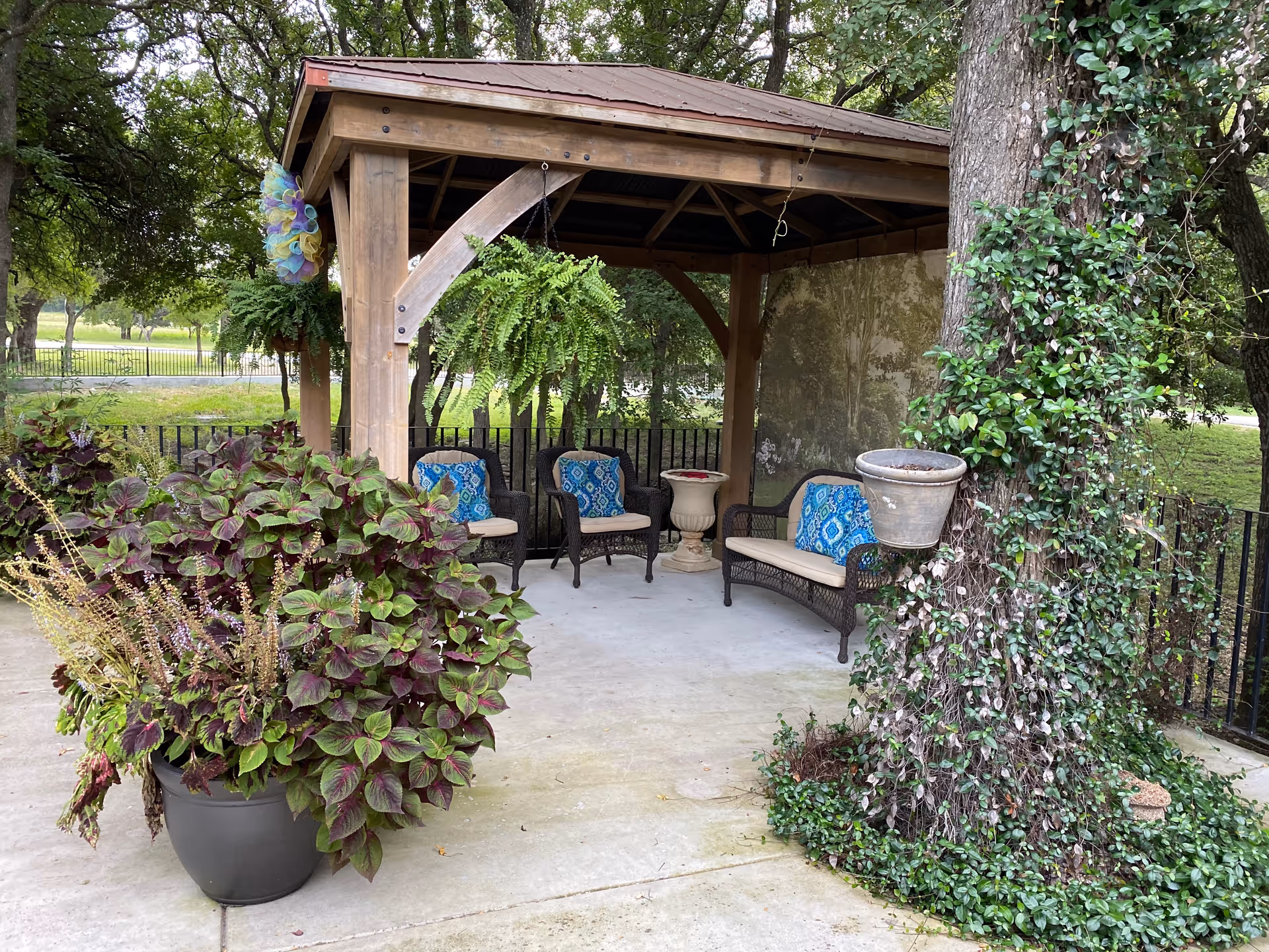 Wooden gazebo with wicker chairs and blue cushions surrounded by potted plants and hanging ferns in a garden.