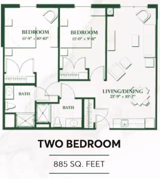 Floor plan of a two-bedroom apartment with a total area of 885 square feet. The layout includes two bedrooms, two bathrooms, and a combined living and dining area. Each bedroom is labeled with dimensions, and the living/dining area is spacious with furniture placement indicated.