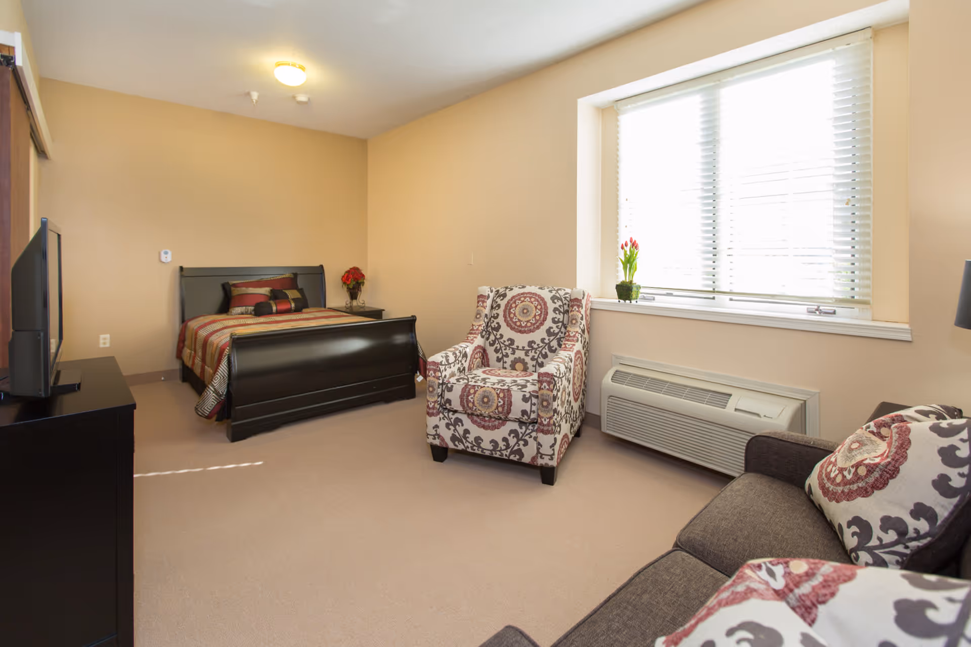 A furnished studio-style bedroom with a bed, patterned armchairs, a window and a TV.