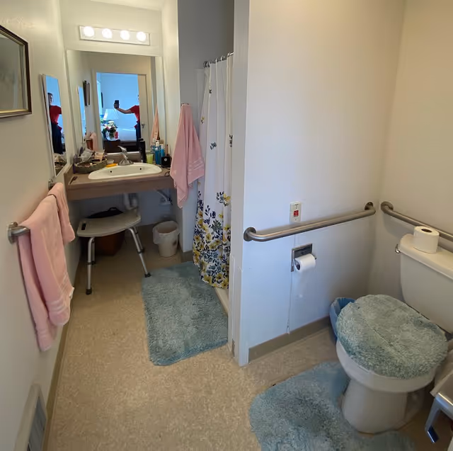 Accessible bathroom with sink and mirror, shower with a floral curtain, toilet with blue rugs and grab bars.