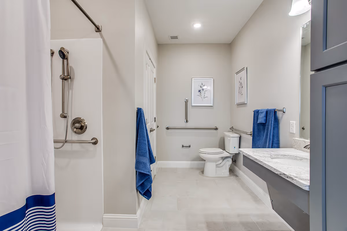 Accessible bathroom with a walk-in shower, grab bars, toilet, blue towels, and a marble-top vanity.