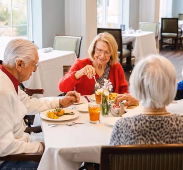 Three elderly people sitting around a table in a dining room, enjoying a meal together. The table is set with plates of food, glasses of iced tea, and a small vase with flowers. The room has large windows letting in natural light and other tables with chairs in the background.