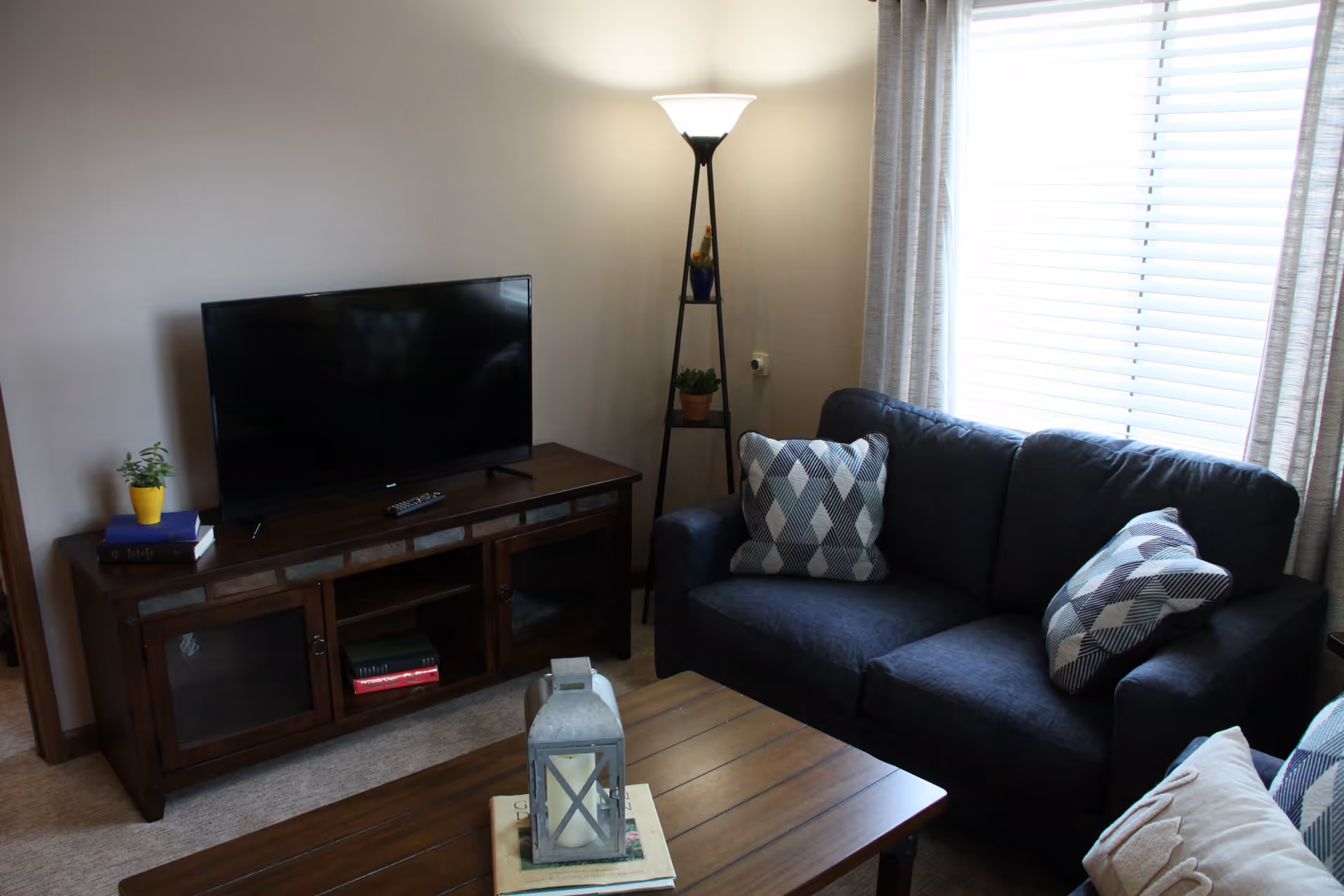 A cozy living room with a dark blue couch adorned with patterned pillows, a wooden coffee table with a decorative lantern and books, a wooden TV stand with a flat-screen television, a tall floor lamp with shelves holding small plants, and a window with white blinds and light curtains.
