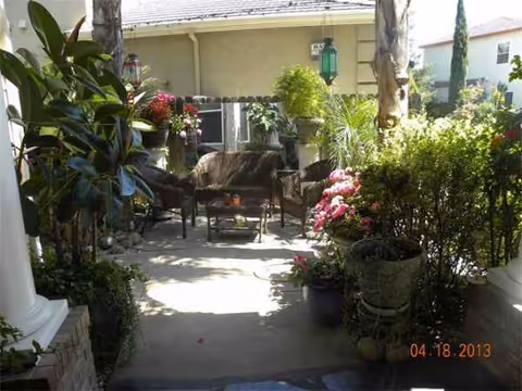 Sunny outdoor patio with wicker chairs, potted plants, and a central seating area.