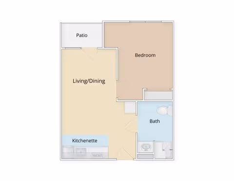 Floor plan of a senior living unit showing a patio, living/dining area, kitchenette, bedroom, and bathroom.