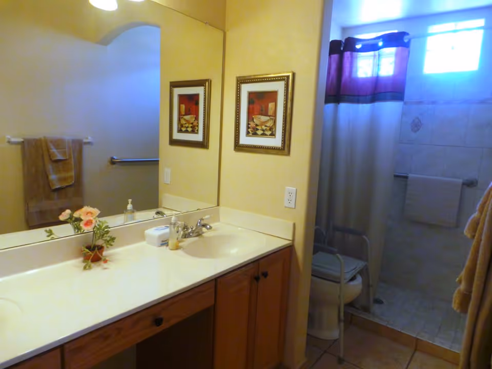 A well-lit bathroom with a long vanity and sink, large mirror, decorative flowers on the countertop, towels and grab bars, and a walk-in shower with a shower chair and curtain.