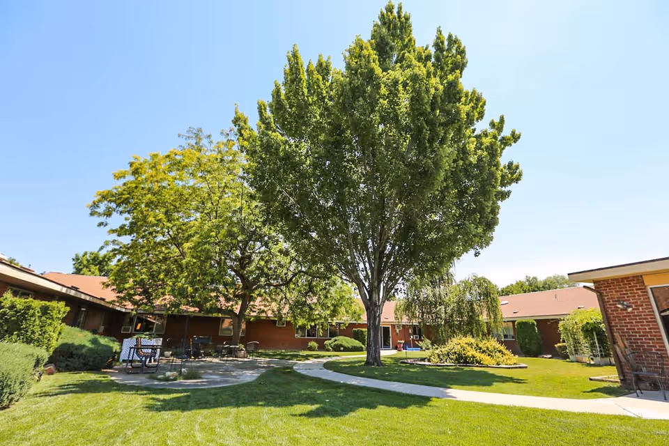 A sunny outdoor courtyard area at Heritage Assisted Living of Boise featuring green grass, a large leafy tree in the center, smaller trees and bushes, a paved walkway, and a brick building surrounding the courtyard.