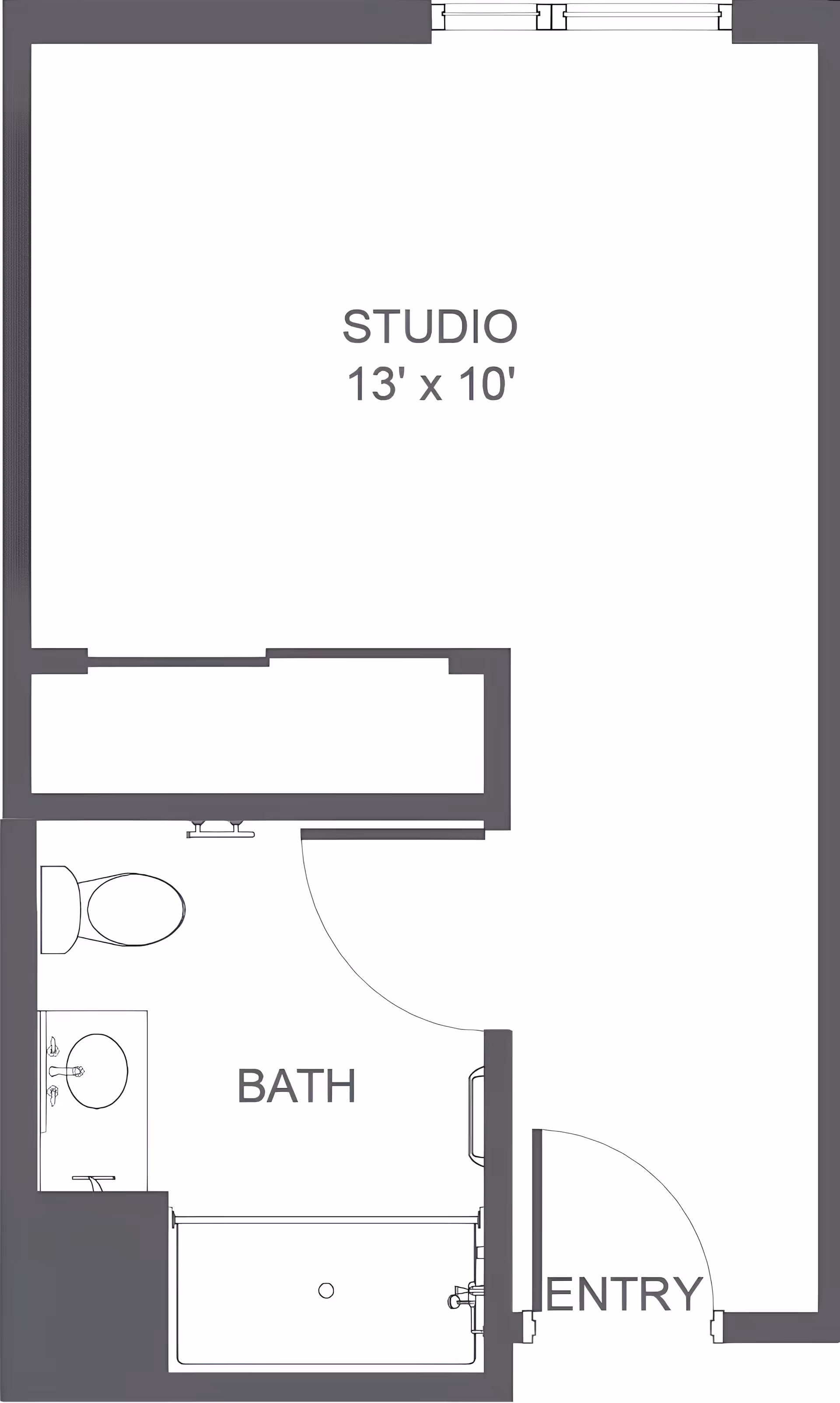 Floor plan of a studio apartment measuring 13 feet by 10 feet, including a bathroom with a toilet, sink, and bathtub, and an entry door.