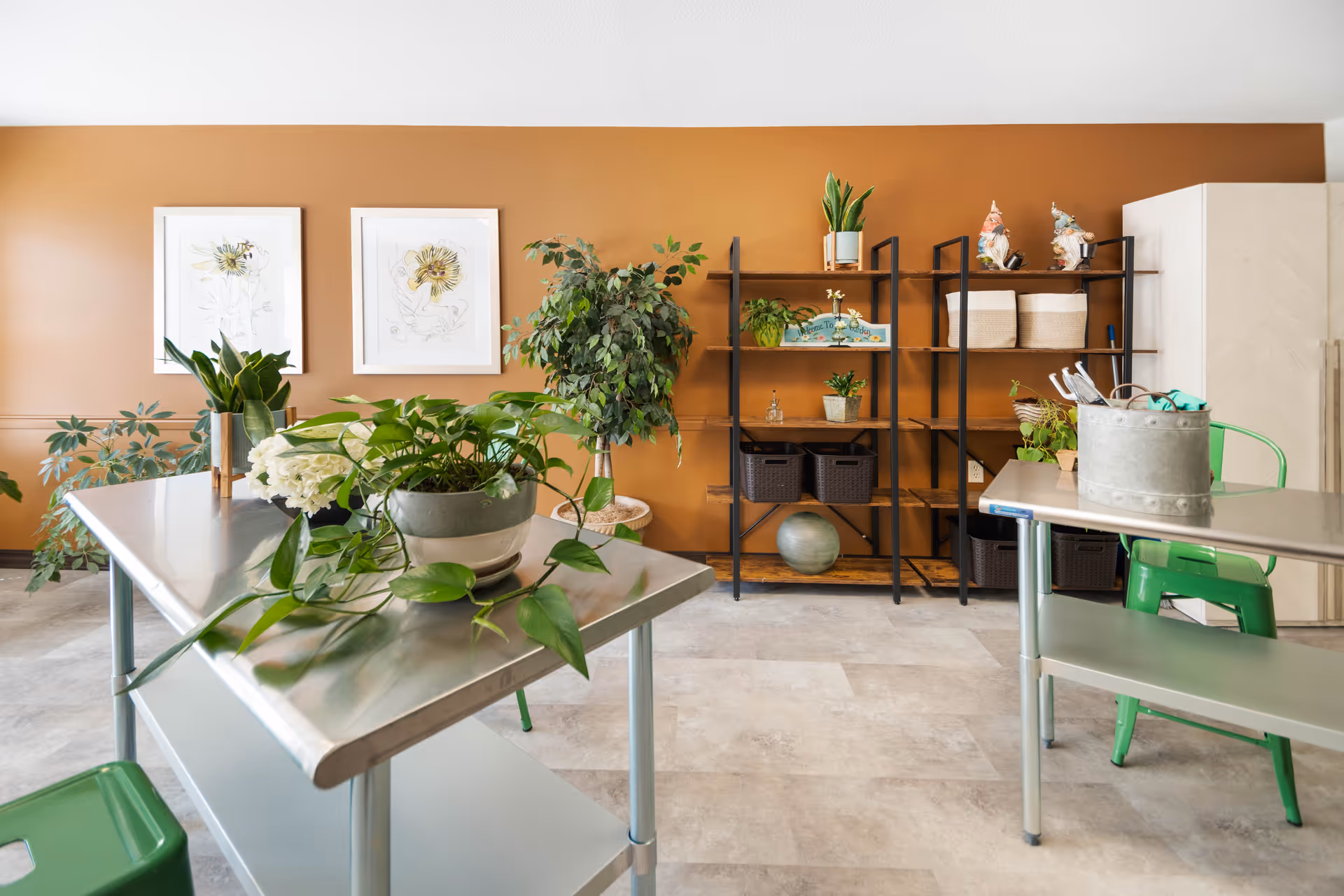 A bright room with orange walls featuring two framed botanical prints, several green plants on metal tables and shelves, and green metal chairs. The room has a clean, modern look with a tiled floor and decorative items on the shelves.