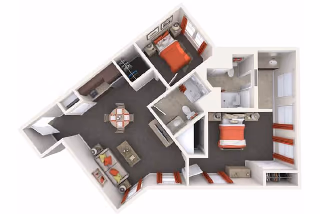3D rendered floor plan of a two-bedroom apartment showing a living room, dining area, kitchen, and two bathrooms.