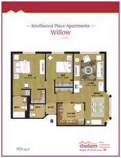 Floor plan titled 'Willow' for Knollwood Place Apartments showing two bedrooms, living and dining areas, a kitchen, two bathrooms, and an entry.