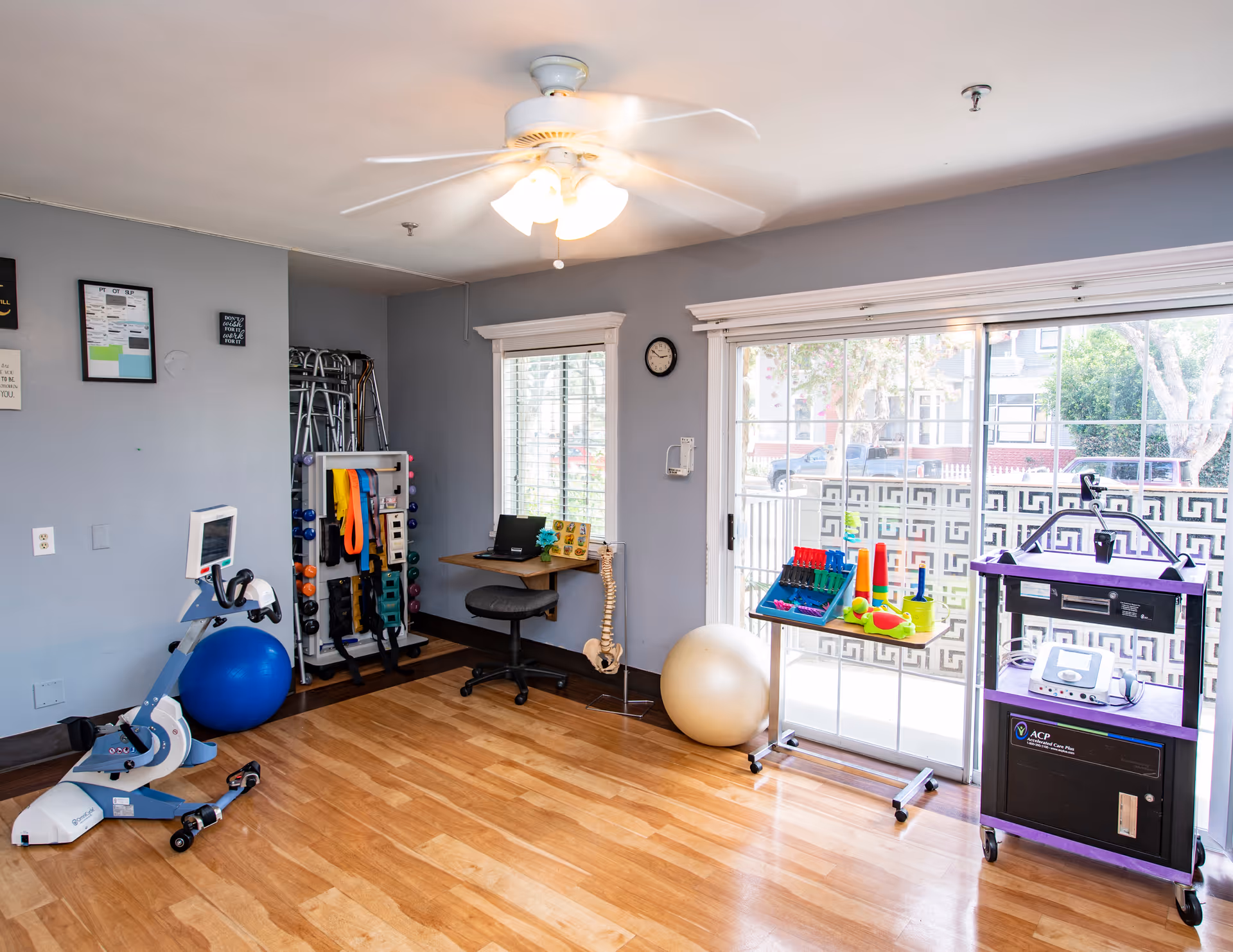 A bright room with wooden flooring used for physical therapy or exercise, featuring an exercise bike, a blue stability ball, various resistance bands and weights on a rack, a small desk with a laptop and anatomical spine model, a beige exercise ball, colorful therapy tools on a small table, and a purple therapy machine near a large sliding glass door with a view of the outside.