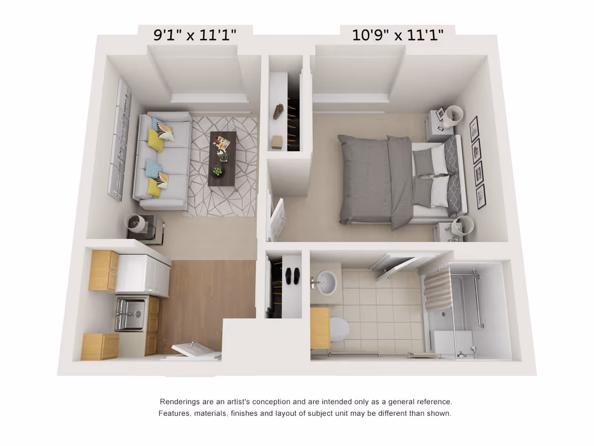 3D floor plan of a senior living apartment unit showing a living room with a sofa and coffee table, a kitchen area with a sink and refrigerator, a bedroom with a bed and nightstands, and a bathroom with a sink, toilet, and shower.
