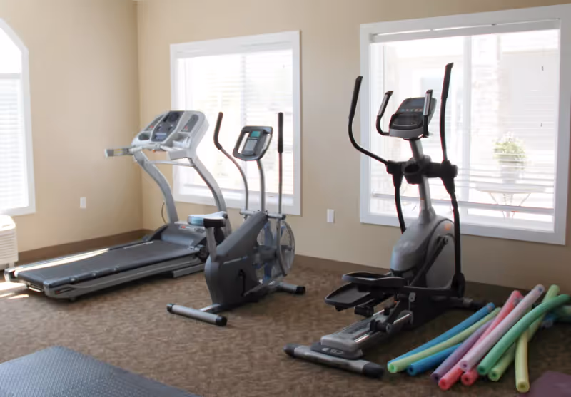 A small fitness room with exercise equipment including a treadmill, a stationary bike, and an elliptical machine. Several colorful pool noodles are stacked on the floor near the elliptical. The room has beige walls, carpeted floor, and two large windows with white blinds letting in natural light.