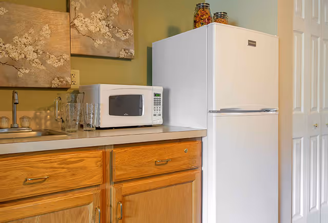 Small kitchen area with wooden cabinets, a countertop microwave and sink, and a white refrigerator against a green wall.