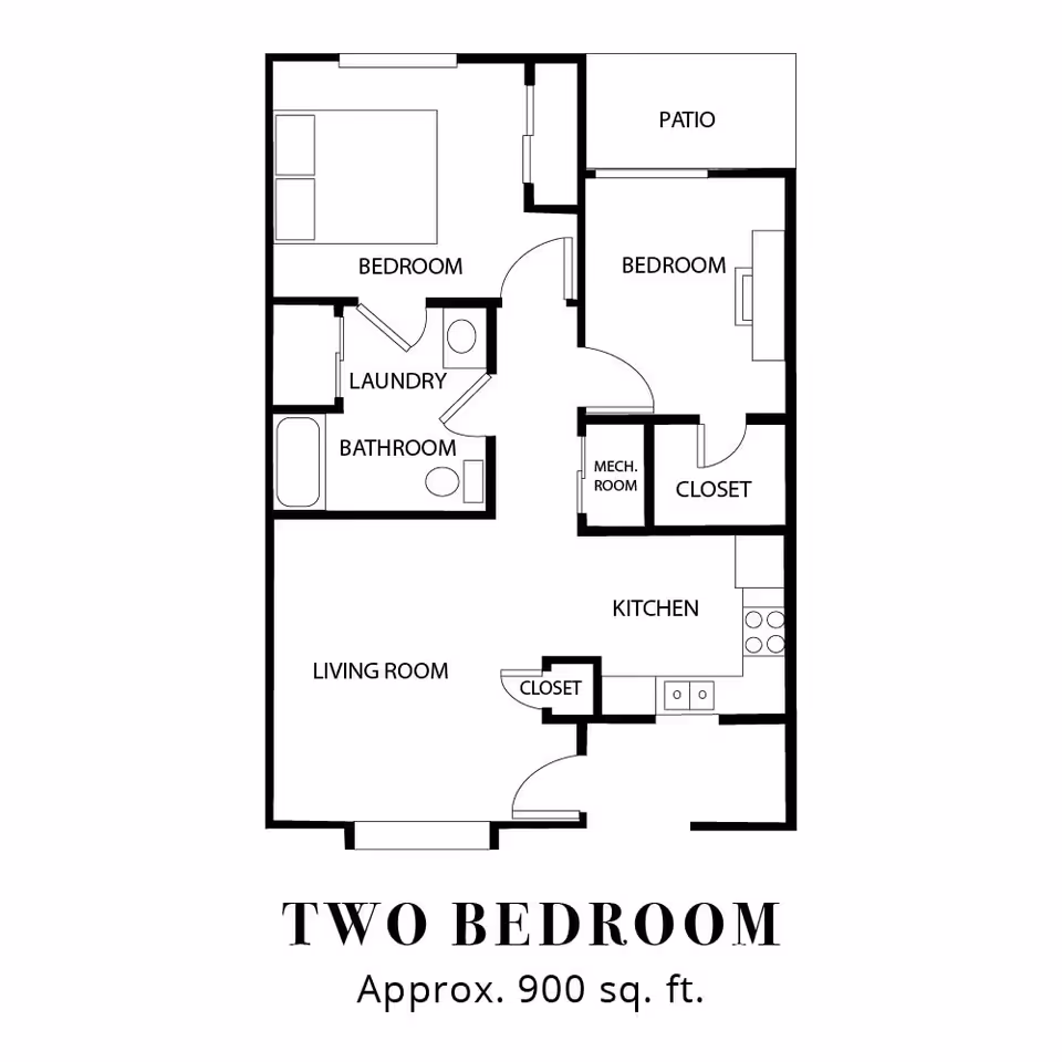 Floor plan of a two-bedroom apartment approximately 900 square feet, showing layout including two bedrooms, a bathroom, laundry area, kitchen, living room, closets, mechanical room, and a patio.