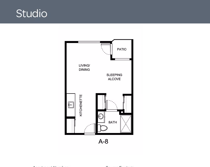 Black-and-white floor plan for a studio apartment labeled A-8 showing a living/dining area, kitchenette, sleeping alcove, bath, and patio.
