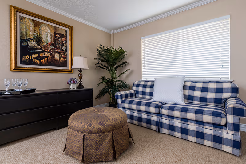 A cozy living room with a blue and white checkered sofa, a white pillow, a round brown ottoman, a black dresser with glassware and a small flower arrangement, a table lamp, a large green potted plant, and a framed painting of a piano and chairs on the wall.