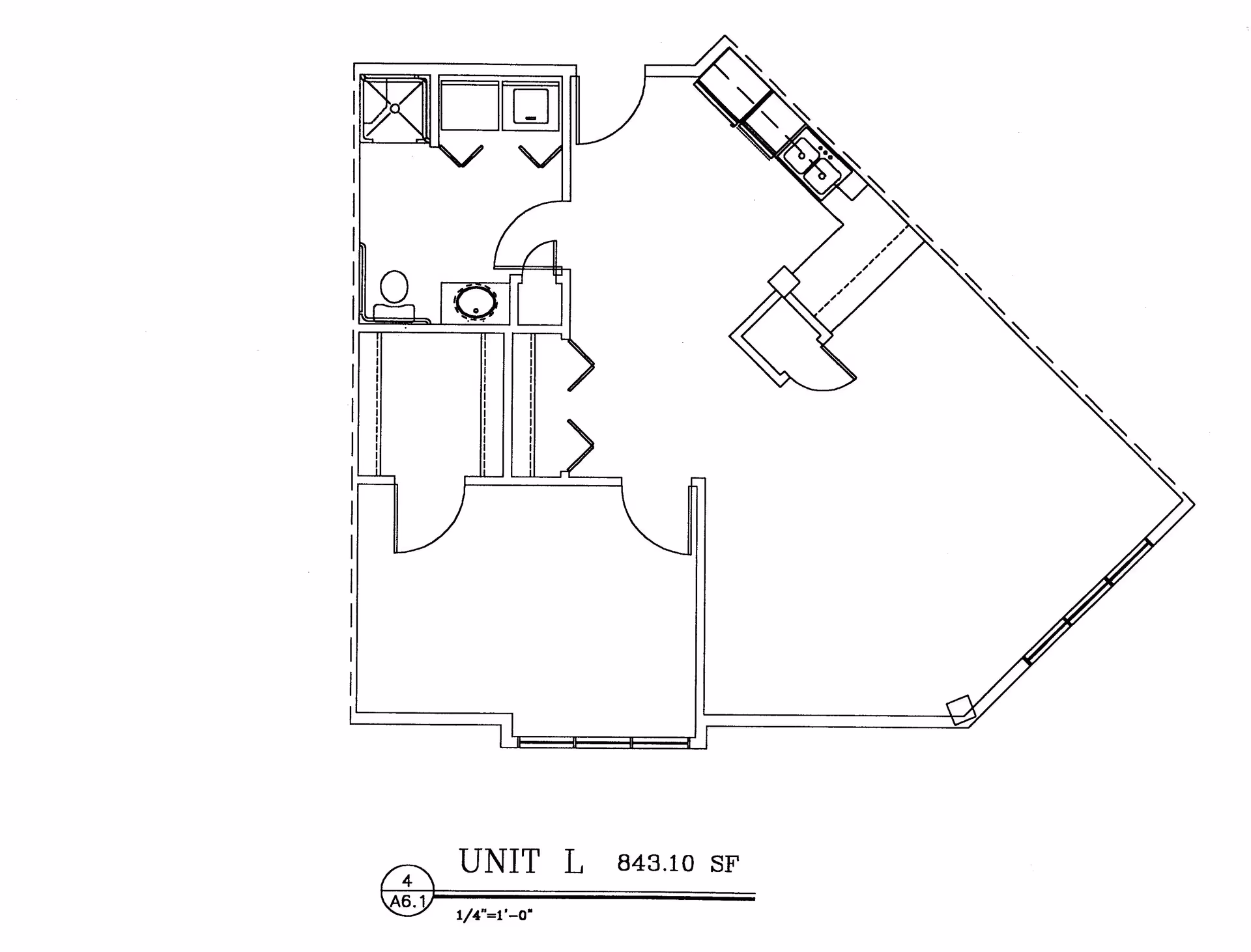 Architectural floor plan of Unit L at Ellen Kennedy Living Center, showing a layout with a bedroom, bathroom, kitchen, and living area, covering 843.10 square feet.