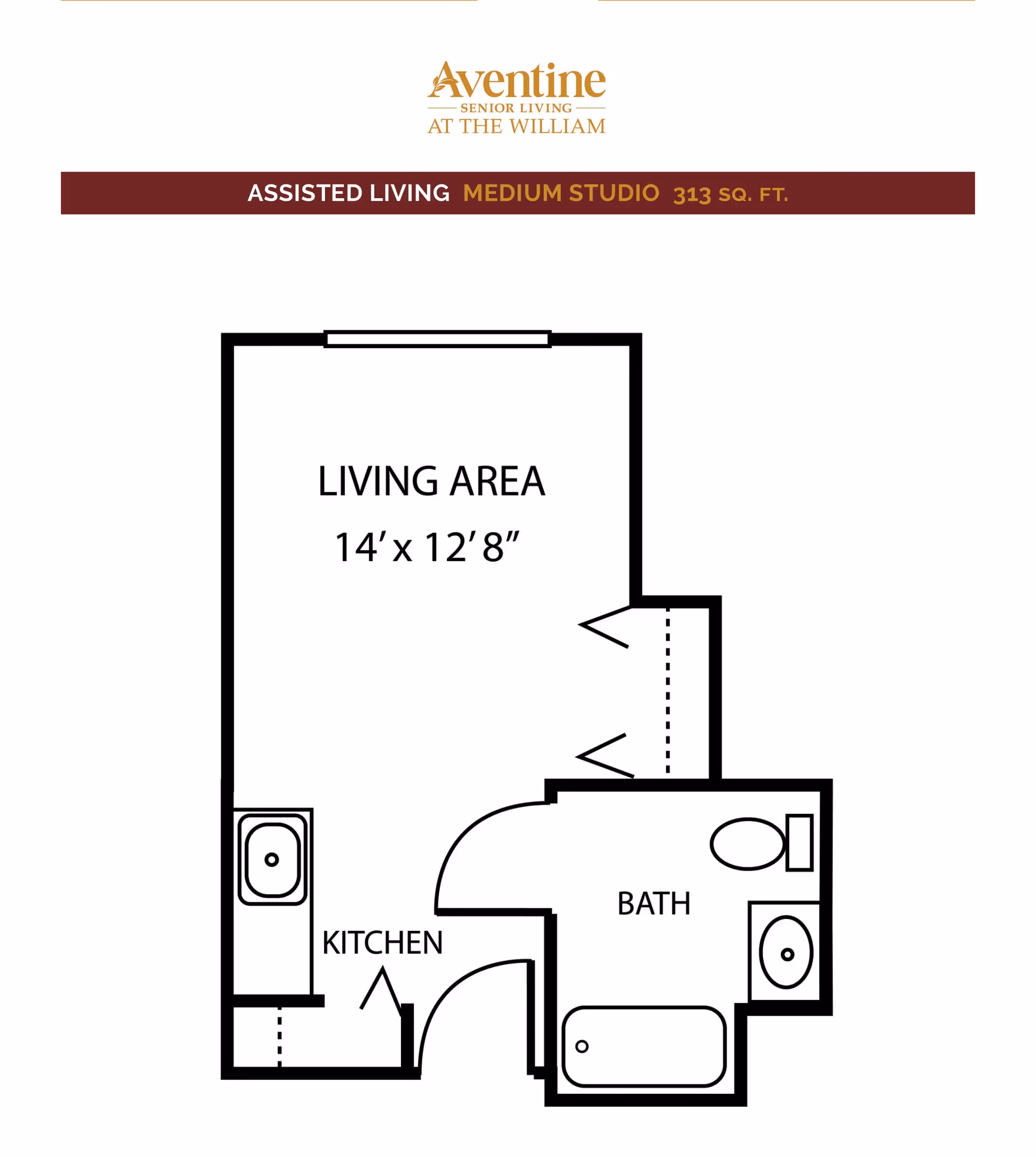 Floor plan of a medium studio assisted living unit at Aventine Senior Living at The William, showing a living area measuring 14 feet by 12 feet 8 inches, a kitchen area, and a bathroom with a bathtub, toilet, and sink.