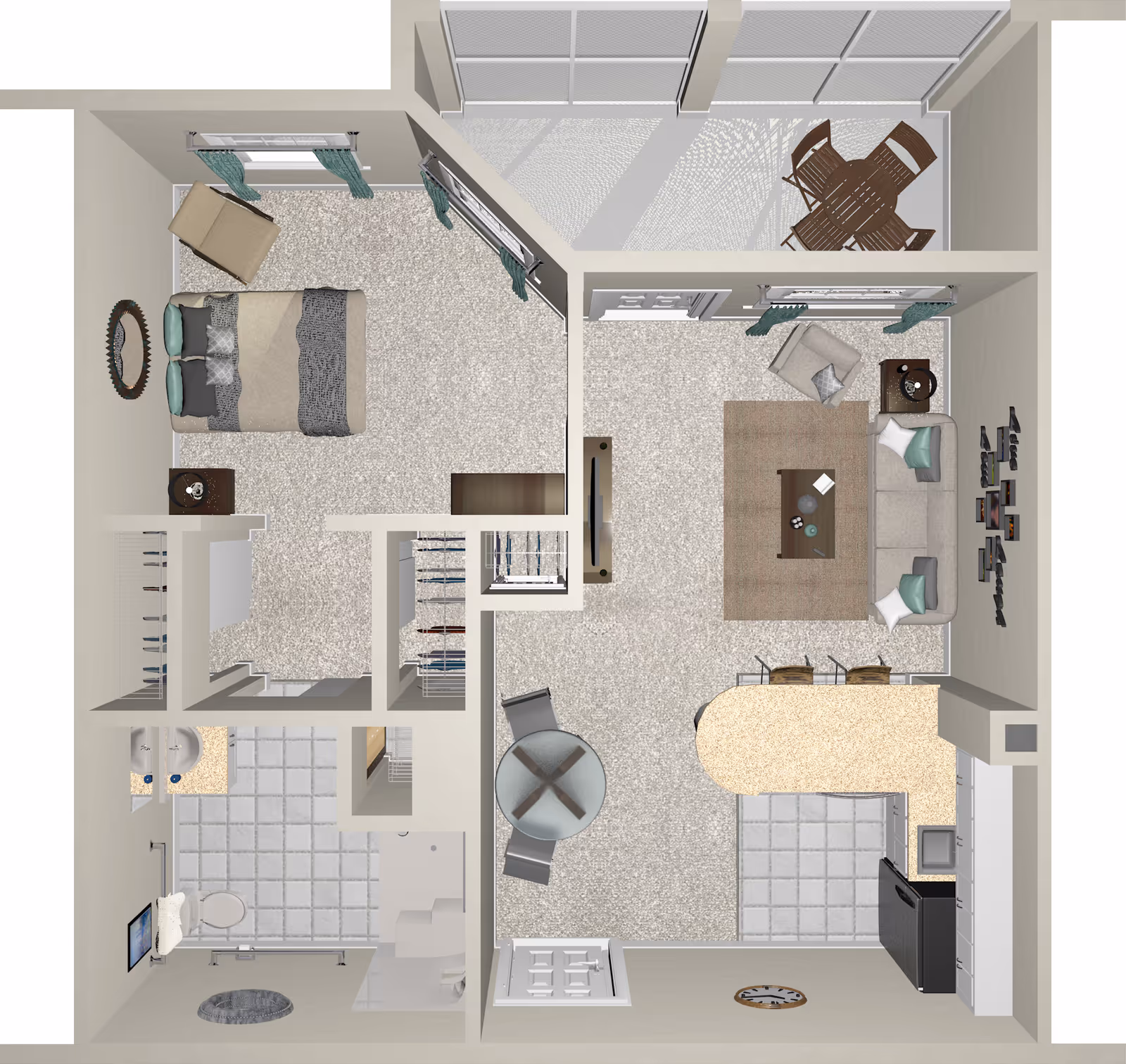 Top-down view of a one-bedroom apartment floor plan featuring a bedroom with a bed, chair, and nightstand; a bathroom with a shower, toilet, and double sink; a living room with a sofa, armchair, coffee table, and TV; a kitchen with appliances and a breakfast bar with stools; a dining area with a round table and chairs; and a balcony with a table and four chairs.