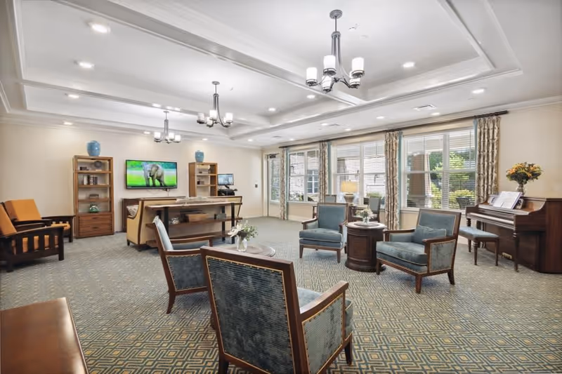 A spacious, well-lit living room with multiple seating areas including armchairs and sofas arranged around small tables. The room features large windows with patterned curtains allowing natural light to enter. There is a piano with a vase of flowers on top, a flat-screen TV mounted on the wall showing an elephant, and wooden shelving units. The ceiling has recessed lighting and decorative chandeliers.