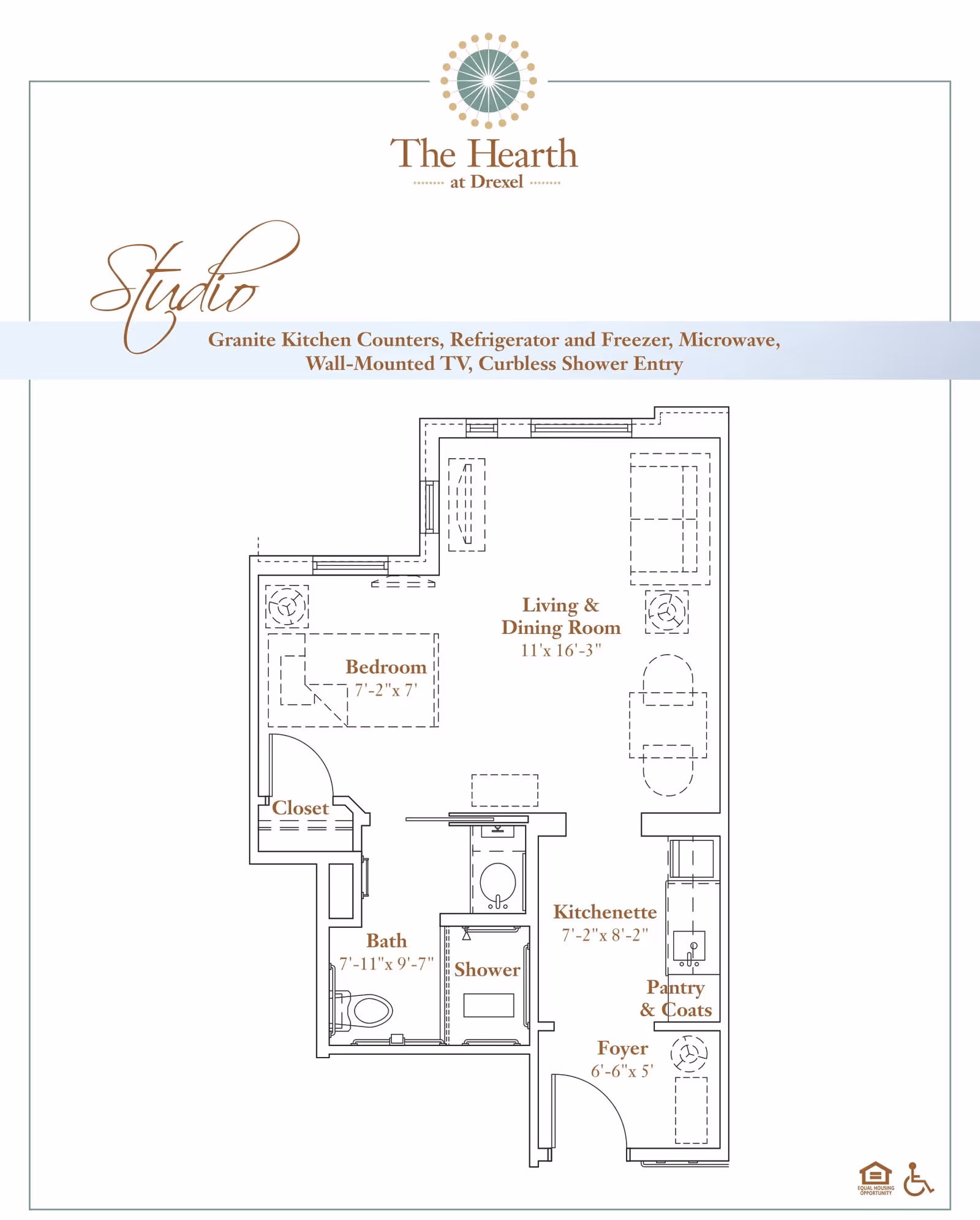 Floor plan of a studio apartment at The Hearth at Drexel showing a bedroom, closet, bath with shower, living and dining room, kitchenette, pantry and coats area, and foyer. Dimensions for each area are included.