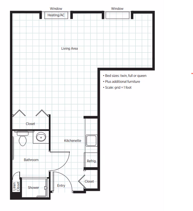 Architectural floor plan of a senior living unit at Belmont Village Senior Living Geneva Road, showing an entry area leading to a kitchenette with a refrigerator and closet, a living area with two windows and heating/AC, a bathroom with a shower, toilet, sink, and linen closet, and an additional closet near the bathroom.