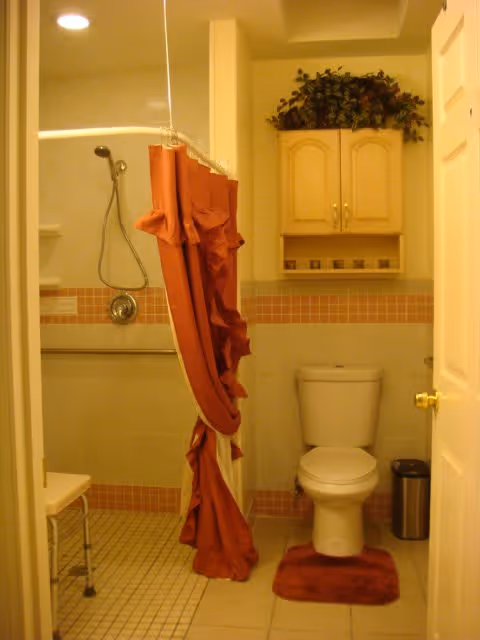 Bathroom with a white toilet, a red bath mat, a red shower curtain tied up, a shower area with a handheld showerhead, a small white shower chair, a trash can, and a wooden cabinet with decorative greenery on top.